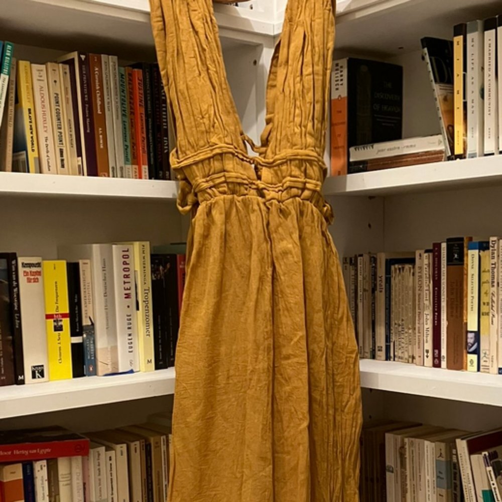 Gold / Golden/ Mustard Linen Halter Dress handmade in Mexico